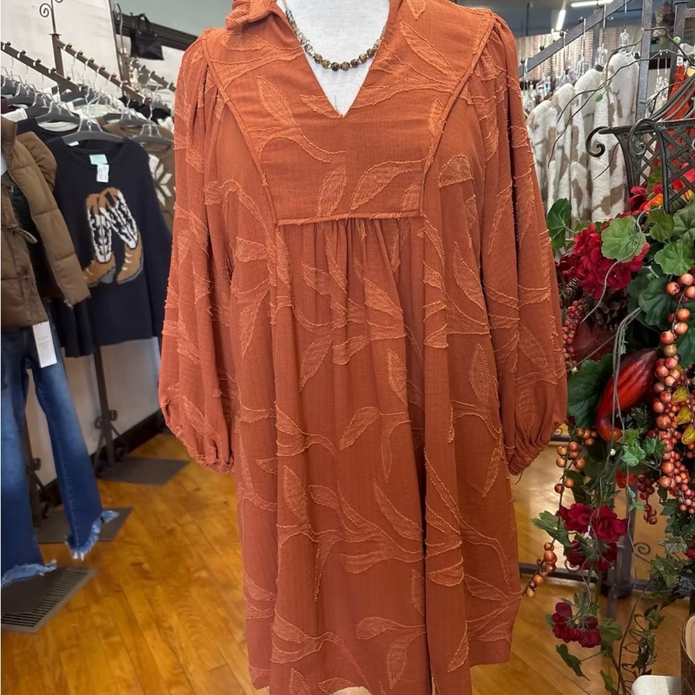 Umgee Terracotta Long Sleeve Dress with Leaf Design